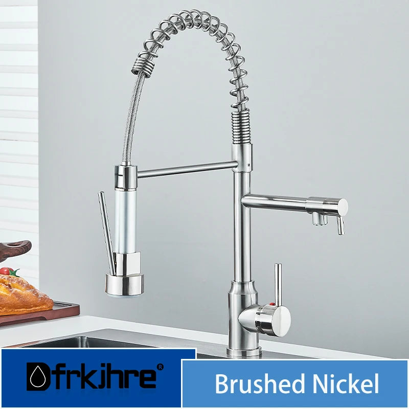 Dfrkjhre Bathroom full copper pull-out kitchen faucet water purification double outlet cold and hot sink sink spring faucet