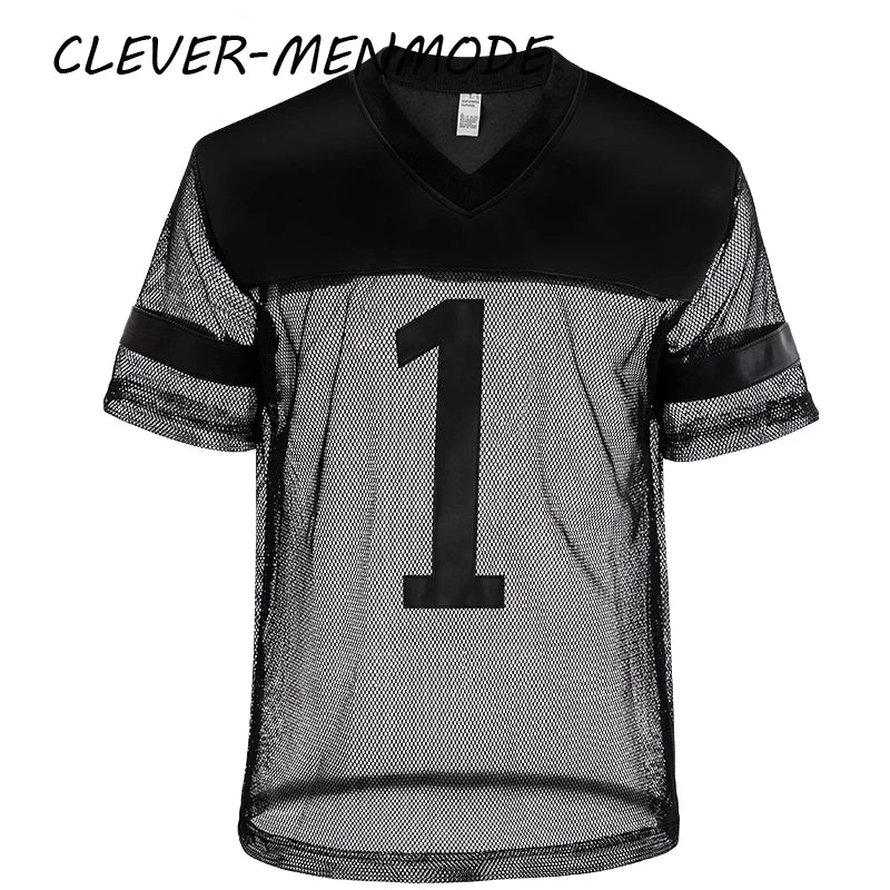 Men's Sexy Faux Leather Fishnet Short Sleeve Cutout PU T Sleeve Breathable V-Neck Short Sleeve Basketball Jersey Sportswear