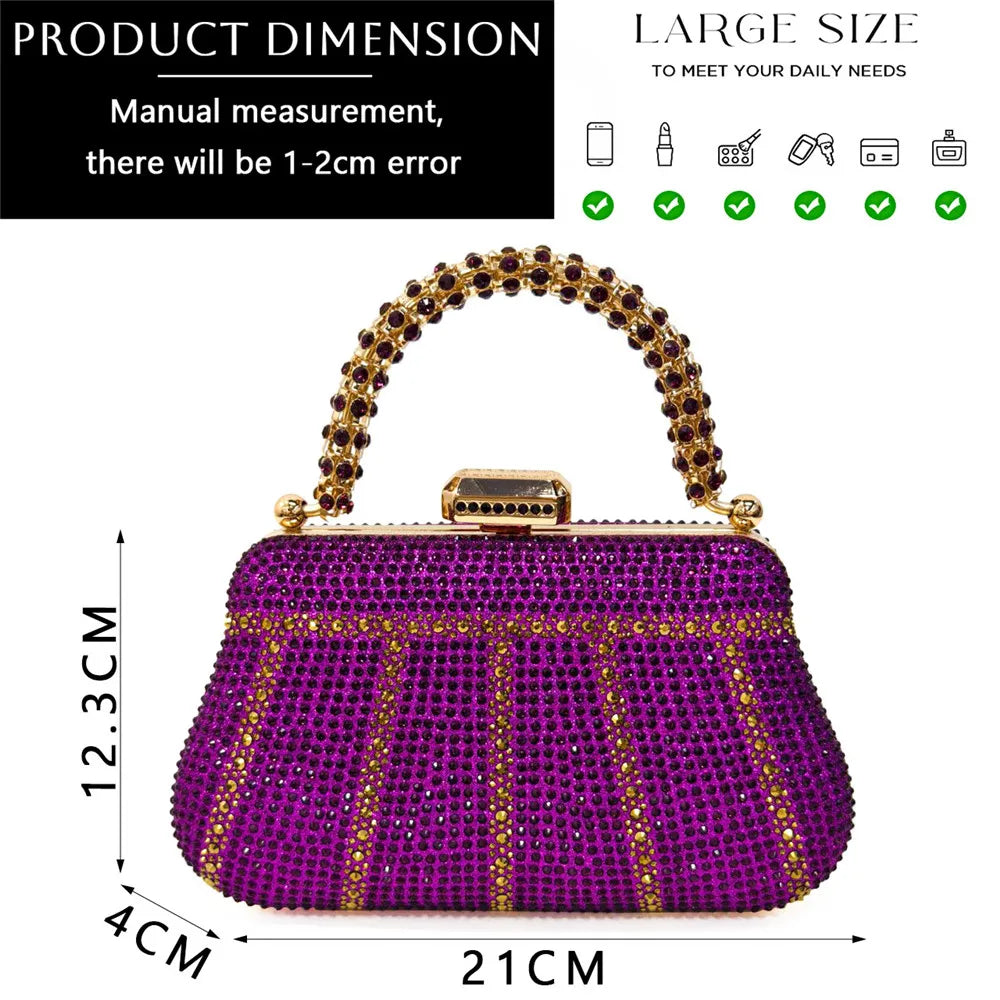 Popular In Nigeria Exquisite Evening Bags With Diamond Design Fashion Handle Clutch Rhinestone Embellished Long Chain Bag