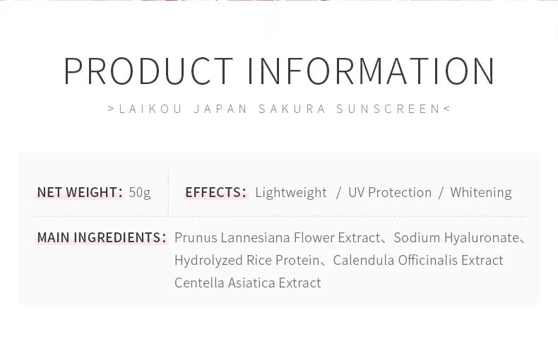 Laikou Sakura Moisturizer Sunscreen Cream Protector Facial Sun Block Spf50 Gel Isolation Lotion Face Suncream