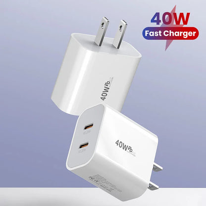 40W USB C Charger Dual Type C PD Fast Charging Charger Wall Adapter For iPhone 15 iPad Samsung Xiaomi 10A USB C Charging Cable