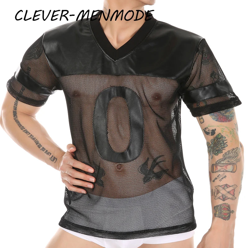 Men's Sexy Faux Leather Fishnet Short Sleeve Cutout PU T Sleeve Breathable V-Neck Short Sleeve Basketball Jersey Sportswear