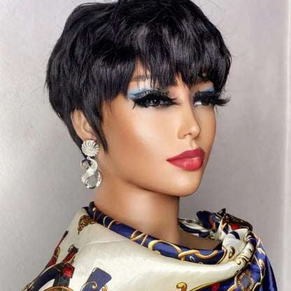 Brown Short Pixie Cut Wig Human Hair For Black Women Machine Made Wigs With Bangs Colored Brazilian Wig Human Hair Wigs