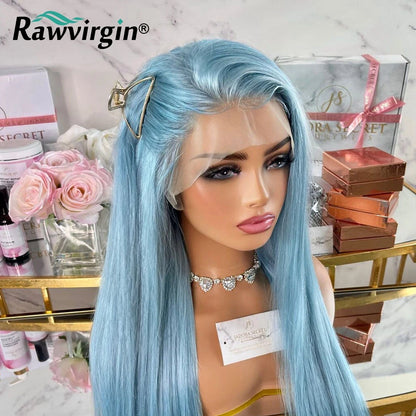 Light Blue Long Natural Straight Wig 13x4 HD Lace Frontal Wig Human Hair Brazilian Pre Plucked Lace Wigs for Black Women