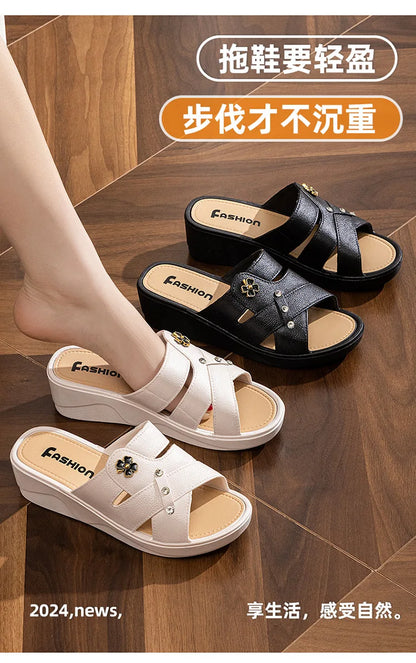 Women Shoes Summer Slippers Women Wear Outside Thick Sole Wedge Heels Fashion Slippers Soft Bottom Mother Shoes Zapatos De Mujer