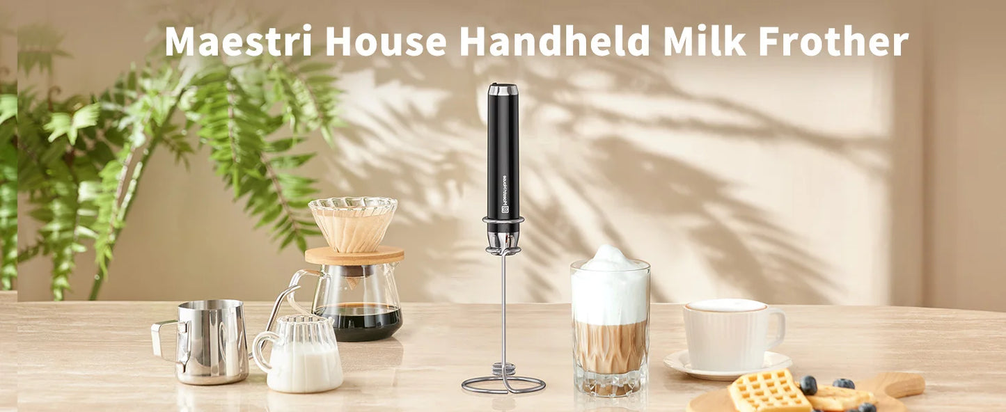 Maestri House Rechargeable Milk Frother with Stand Handheld Electric Foam Maker Waterproof Detachable Stainless Steel Whisk