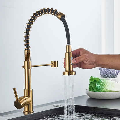 Quyanre Brushed Gold Kitchen Faucet Pull Down Kitchen Faucet Single Handle Mixer Tap 360 Rotation Torneira Cozinha Mixer Tap