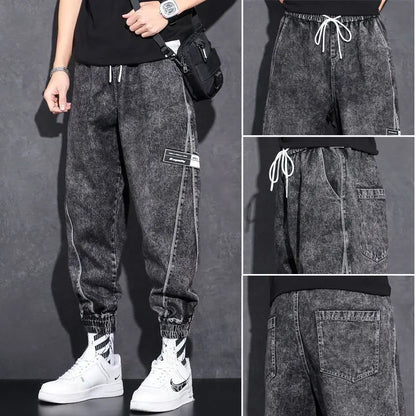 Loose Elastic Waist Denim Jeans for Men 2024 Fashion Casual Spring Workwear Foot-Tied Pants with Brand Workwear Baggy Trousers