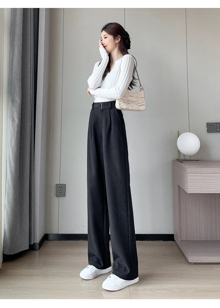 Seoulish Autumn Winter Thicken Woolen Casual Loose Full Length Pants 2023 New Button High Waist Chic Wide Leg Trousers Female