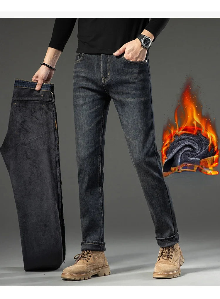 2025 New In Winter Fleece  Warm Jeans Thick Straight  Slim Fit Stretch Fashion Brand Casual Jean Baggy Vintage