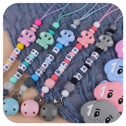 Baby Personalized Name Pacifier Clip Newborn Pacifiers Holder Custom Elephant Gum Nipple Chain Set Silicone Teething Toy Gift