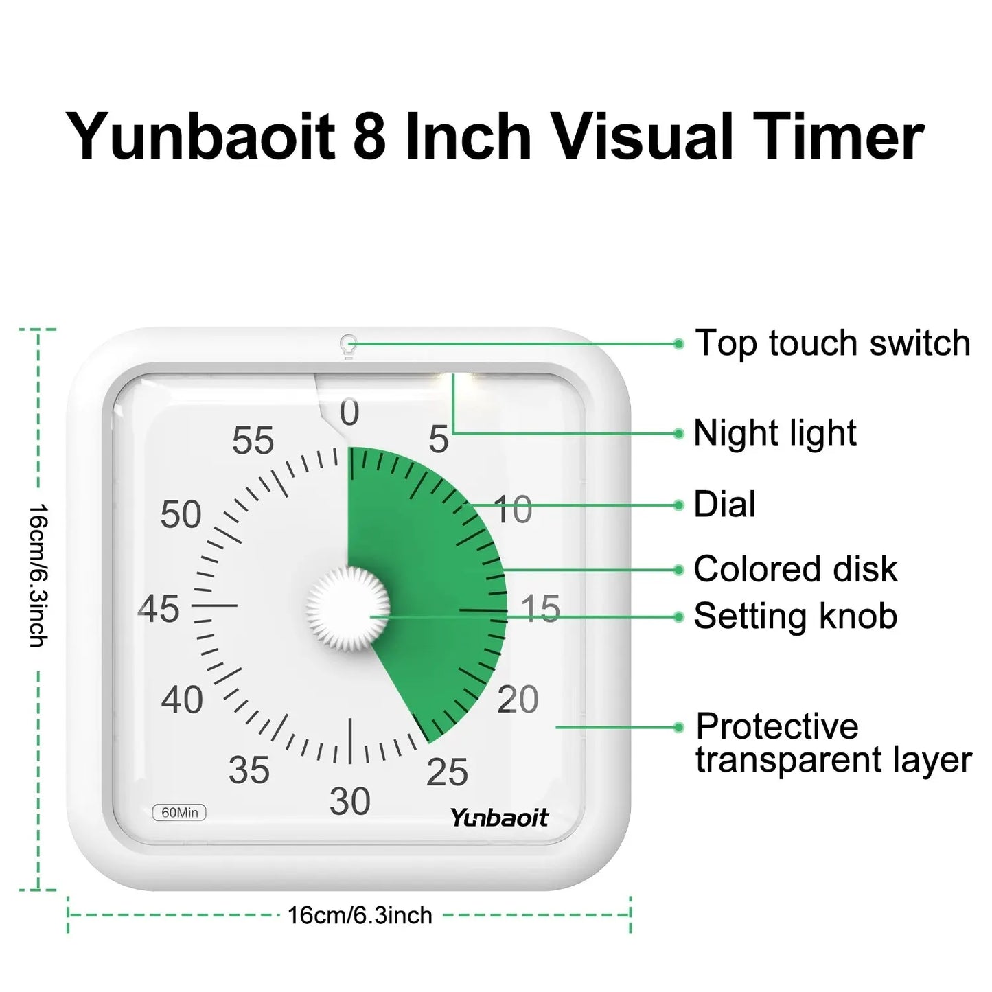 Yunbaoit 16cm Visual Timer, VT06 Large 60 Minute Classroom Countdown Timer for Kids and Educators