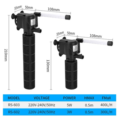 3 in 1 Silent Aeration Water Purifier Internal Pump Submersible Aquarium Filter Oxygen Submersible Water Purifier