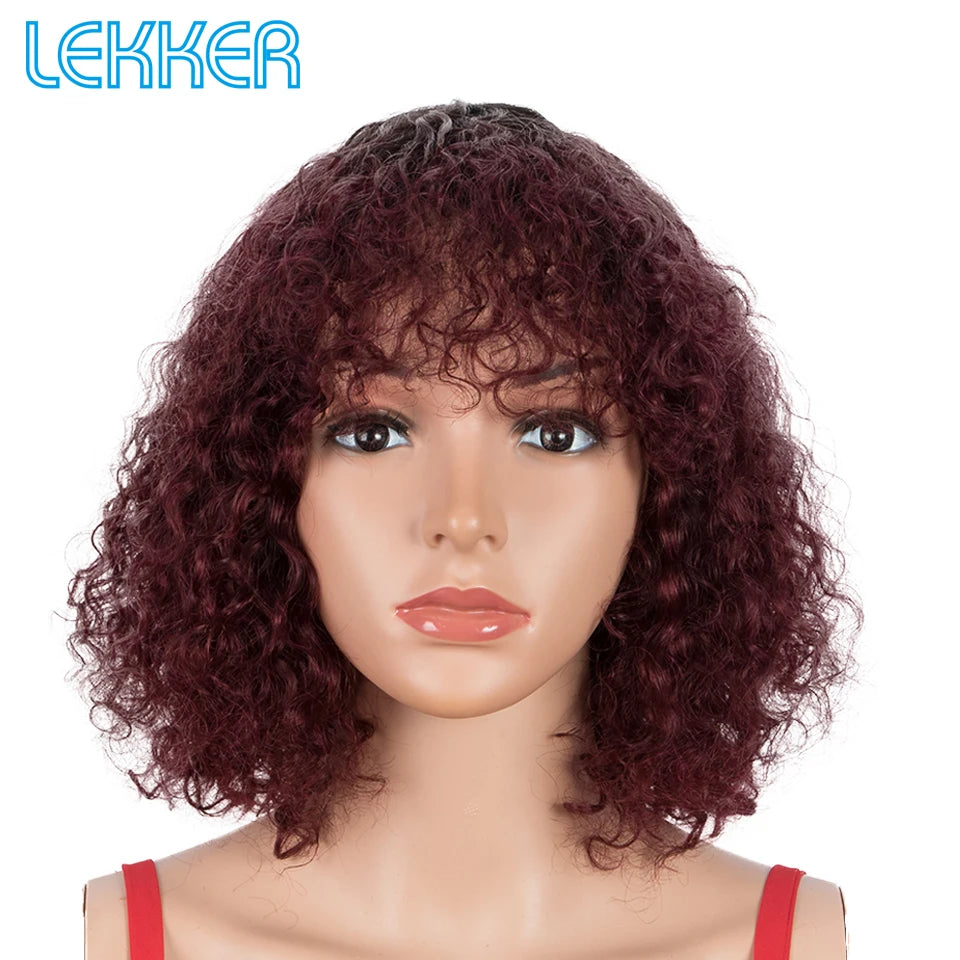 Lekker Colored Short Pixie Afro Kinky Curly Bob 100% Human Hair Wigs With Bangs For Women Brazilian Remy Hair Ombre Brown Wigs