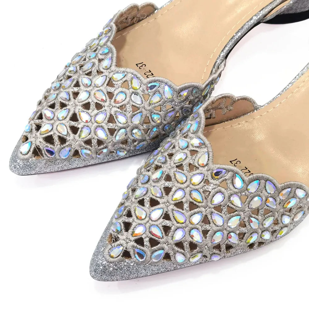 Venus Chan Low Heel Shoes for Women Hollowed Out Embroidery Rhinestone Italian Design Gold Color Pointed-Toe Shoes and Bags Set