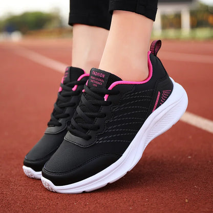 Waterproof Leather Chunky Sneakers for Women, Running Shoes, Casual Sports Shoes, Black Trainers, Autumn, Spring