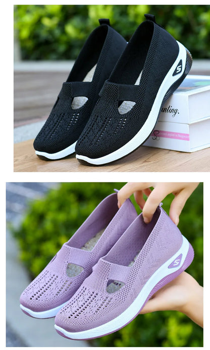 Women's New Summer Shoes Mesh Breathable Sneakers Light Slip on Flat Platform Casual Shoes Ladies Anti-slip Walking Woven Shoes