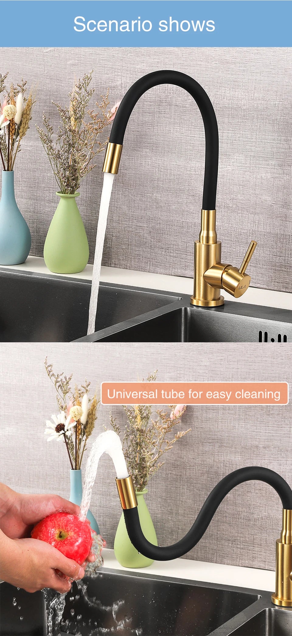 ULA Stainless Steel Kitchen Faucet Kitchen Sink Faucet Hot Cold Water Sink Mixer Tap Colorful Hose Tap Crane Torneira