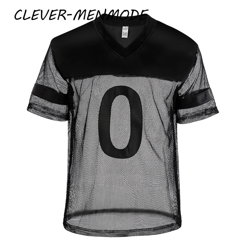 Men's Sexy Faux Leather Fishnet Short Sleeve Cutout PU T Sleeve Breathable V-Neck Short Sleeve Basketball Jersey Sportswear