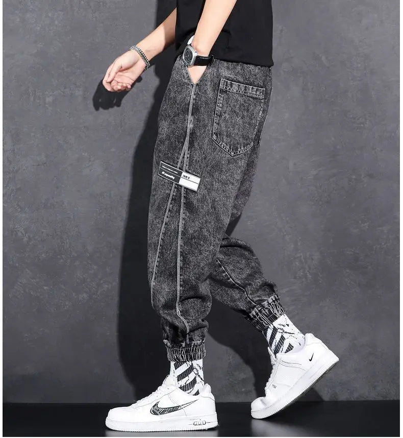 Loose Elastic Waist Denim Jeans for Men 2024 Fashion Casual Spring Workwear Foot-Tied Pants with Brand Workwear Baggy Trousers