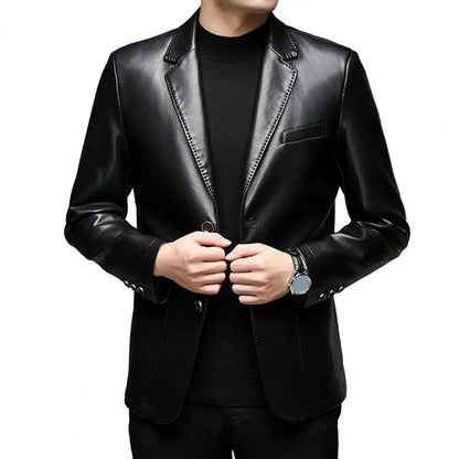 Fashionable Men Jacket with Cuff Buttons Stylish Men's Faux Leather Jacket with Lapel Collar Button Cuffs Pocket for Outdoor