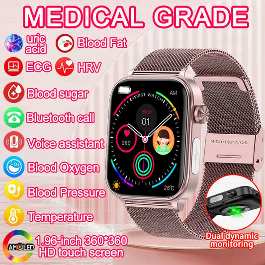 AI Medical Grade Health Smart Watch Women ECG+PPG+HRV Micro Examination Blood Sugar Fat Uric Acid Heart Rate BT Call Smartwatch