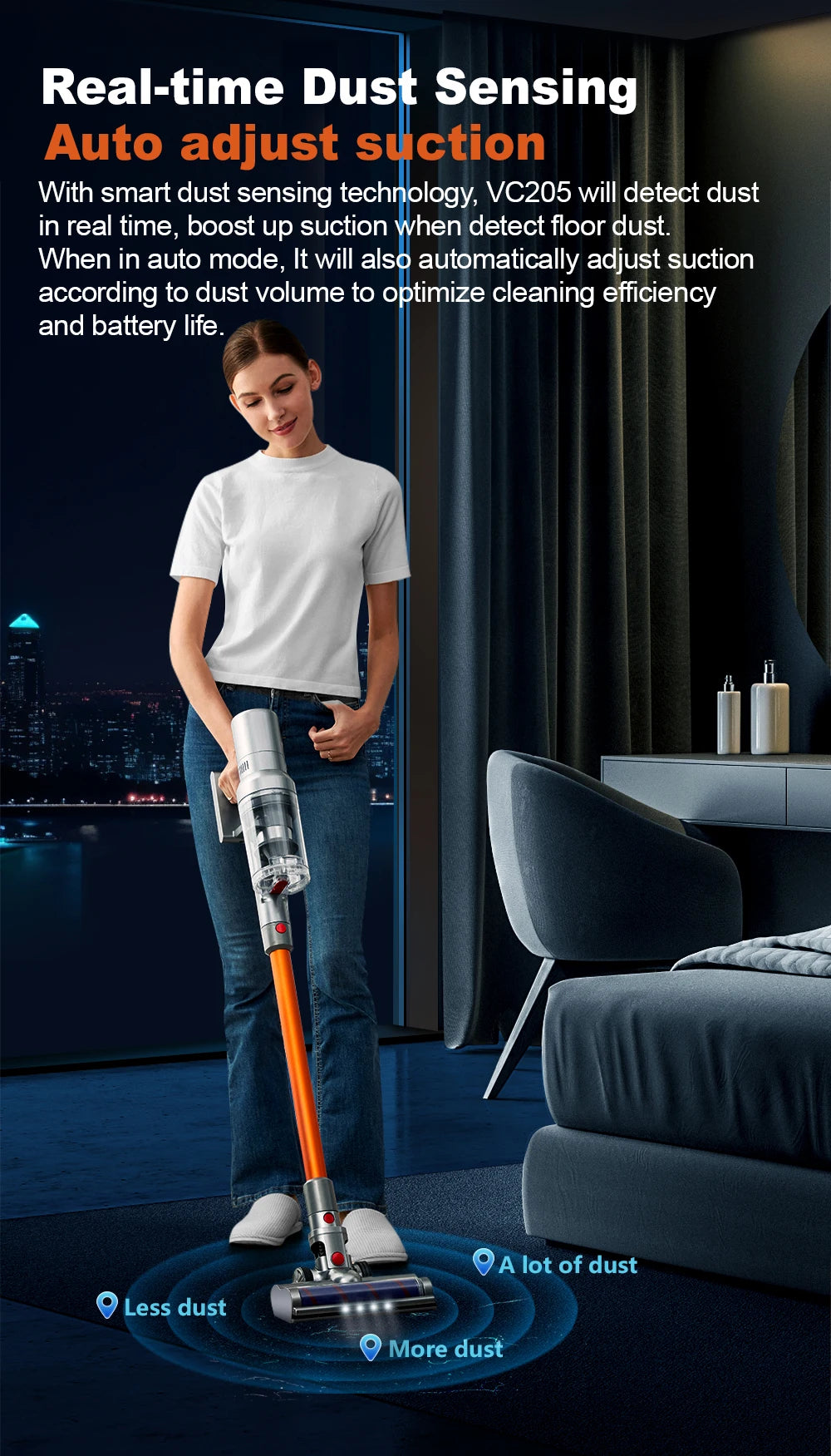 ABIR VC205 Cordless Handheld Vacuum Cleaner,27000PA,Touch Screen,Smart Dust Sensor,Auto Speed Control for Home Bed Carpet Clean