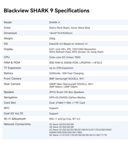 【World premiere】Blackview SHARK 9 5G Smartphone 6.67'' HD+ IPS 90Hz Display 50MP Main Camera NFC GPS Android 14 Mobile Phone