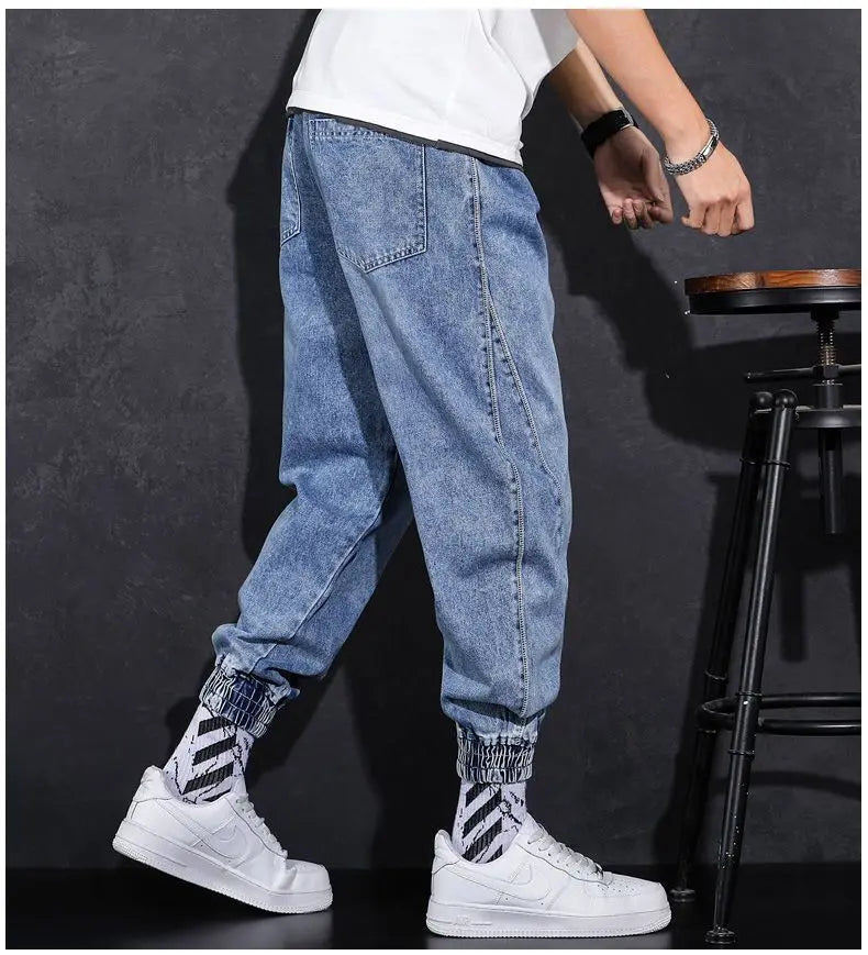 Loose Elastic Waist Denim Jeans for Men 2024 Fashion Casual Spring Workwear Foot-Tied Pants with Brand Workwear Baggy Trousers