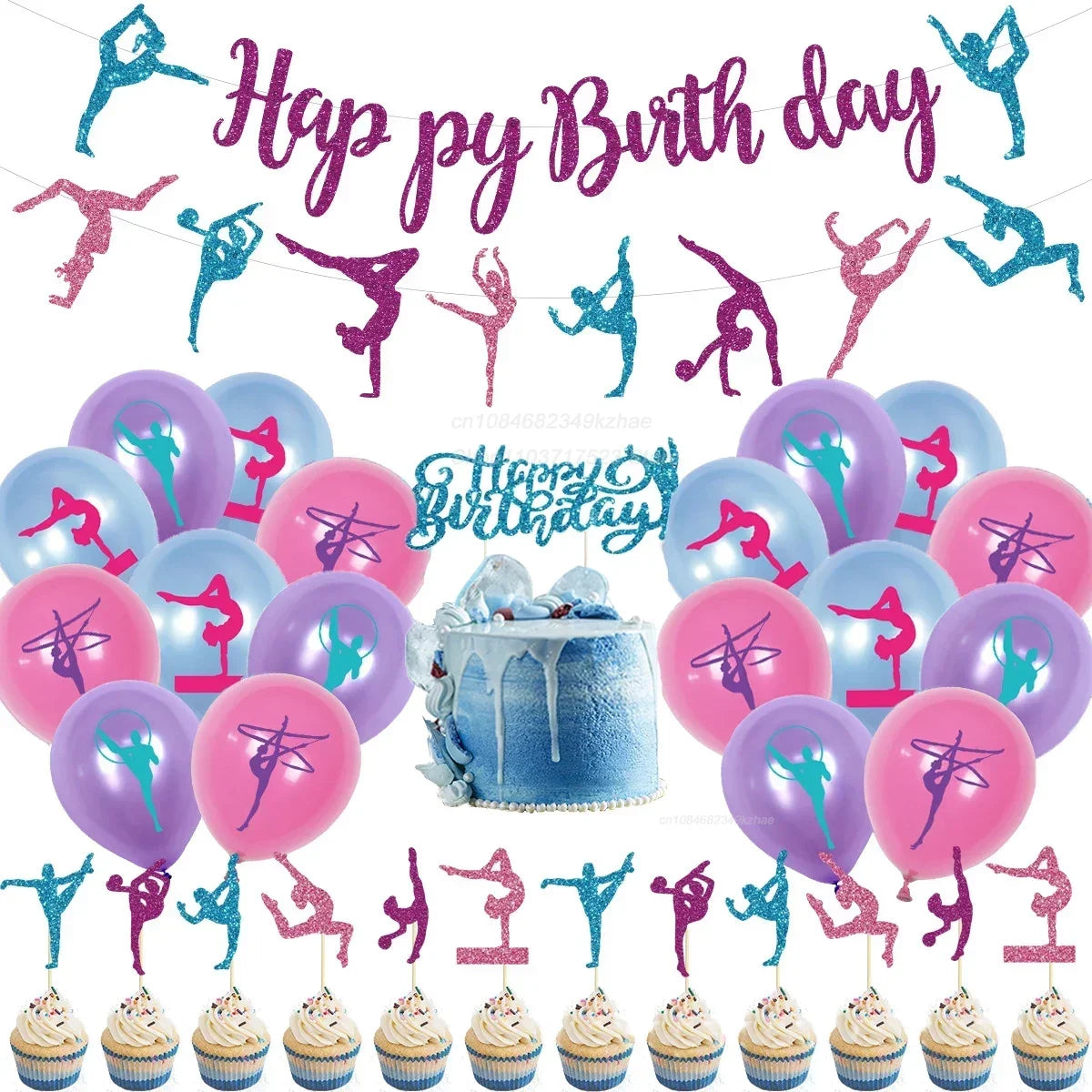 Sports Party Scenes Decor Gymnastics Theme Birthday Party Decoration Balloons Happy Birthday Banner Cake Topper Set Girl