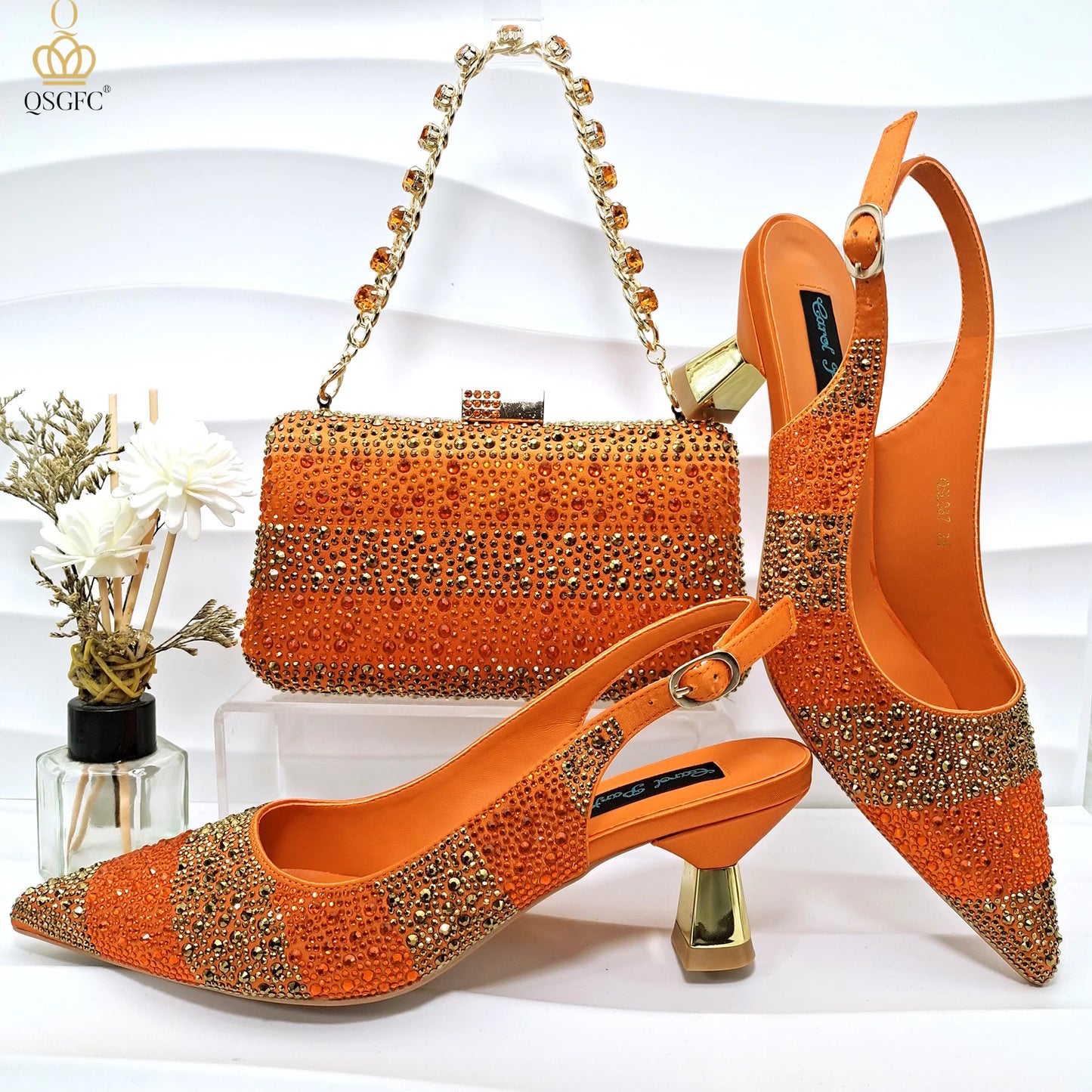 QSGFC INS 2024 Gold Color Elegant Women Heels Shoes and Bag Set Hollow Rhinestones  High Heels Wedges Shoes Matching Bag