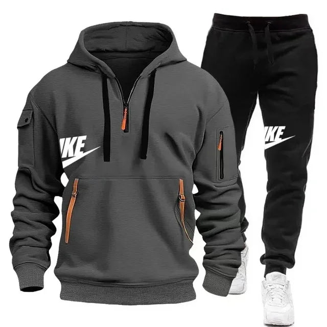 Spring and autumn new men's zipper hoodie + pants two-piece set, outdoor jogging multi-pocket men's casual pullover sports suit