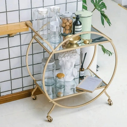 Light Luxury Round Frame With 4 Wheel 3 Tier Gold Metal With Mirror Trolley Bar Cart Hotel Furniture Cart Home Garden Storage