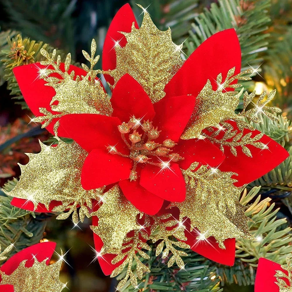 5PC Artificial Flowers Christmas Floral with Clips Xmas Tree Hanging Ornaments Fake Flower for New Year Party Decor Gifts