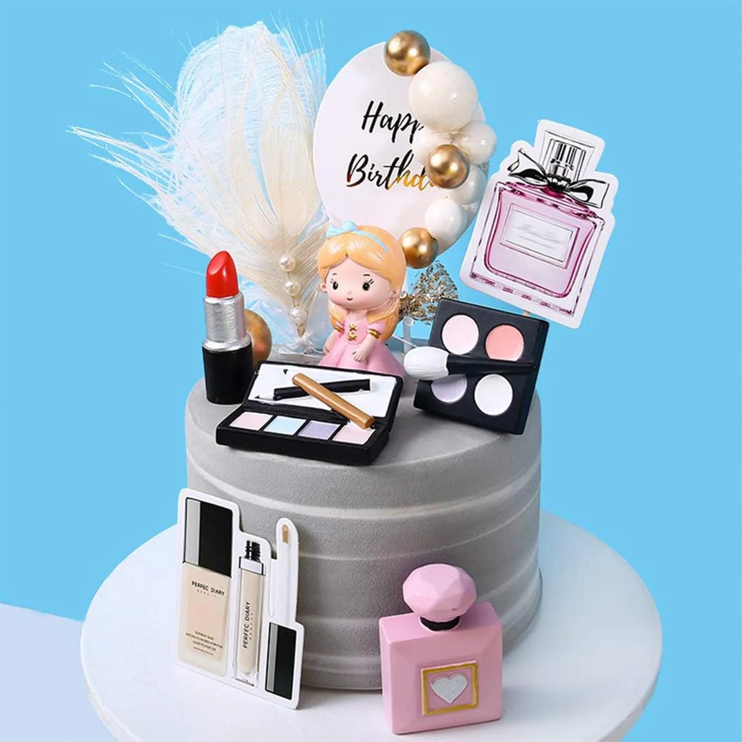 Makeup Cake Topper Lipstick Perfume Bottle Eye Shadow Blush Makeup Cake Decorations for Bridal Shower Women Makeup Themed Party