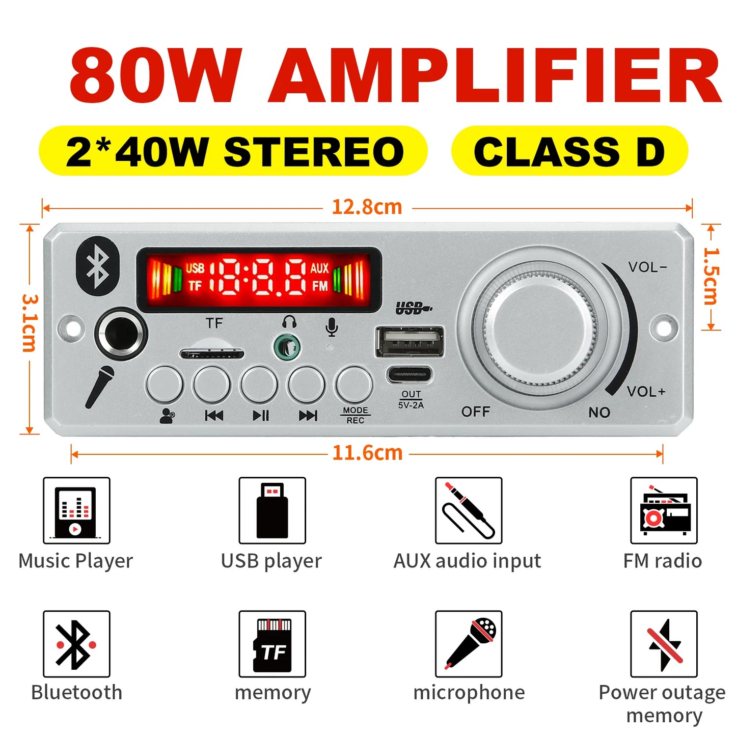 Bluetooth 5.0 MP3 Decoder Board 160W 150W Amplifier Audio Player 12V DIY MP3 Player Car FM Radio Module TF USB Mic Record Call