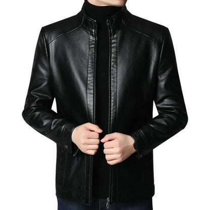 Men Faux Leather Jacket Men's Faux Leather Motorcycle Jacket with Stand Collar Thick Warm Lining Windproof Design for Autumn