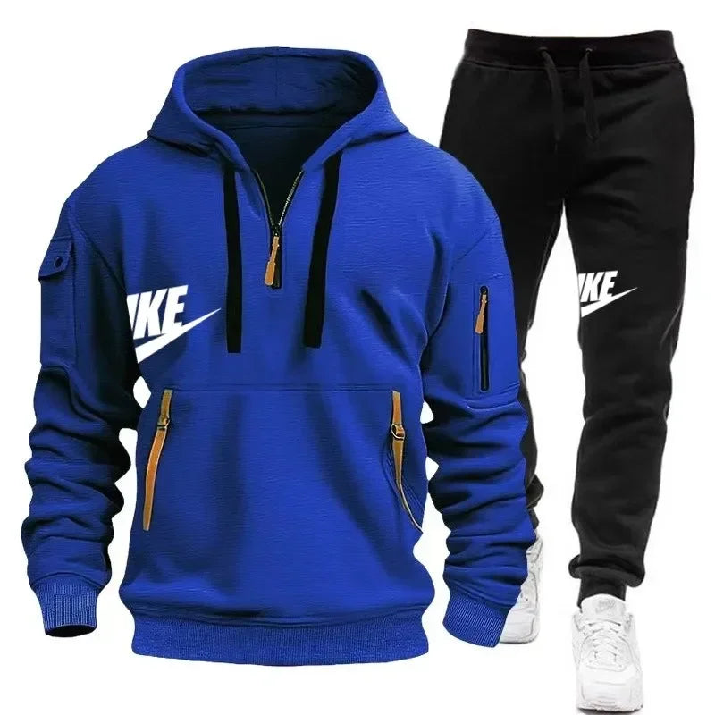 Spring and autumn new men's zipper hoodie + pants two-piece set, outdoor jogging multi-pocket men's casual pullover sports suit