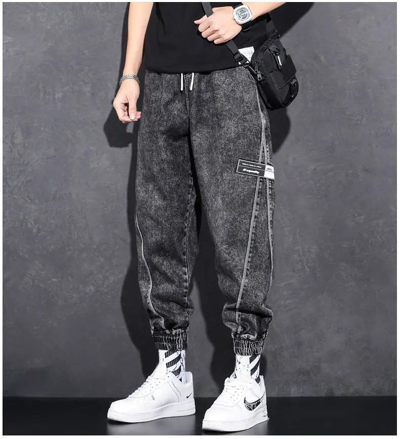 Loose Elastic Waist Denim Jeans for Men 2024 Fashion Casual Spring Workwear Foot-Tied Pants with Brand Workwear Baggy Trousers