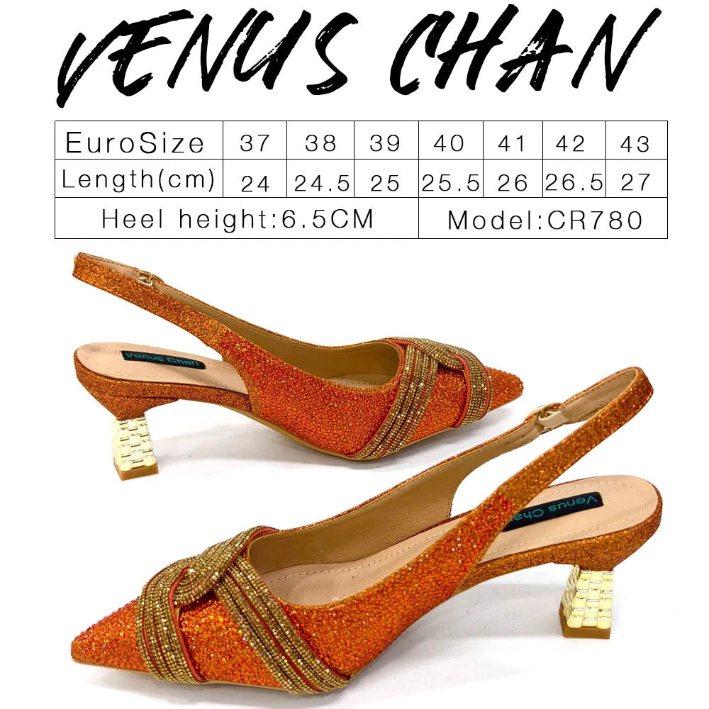 Venus Chan-Nigerian Heel Party for Women Shoes and Bag Set Champagne Colour Rhinestone Handbag Italian Design Wedding INS 2024