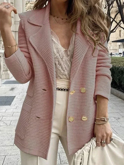 Women Double Breasted Button Solid Color Autumn Winter Blazer Jacket Fashion Casual Long Sleeve Coat Cardigan