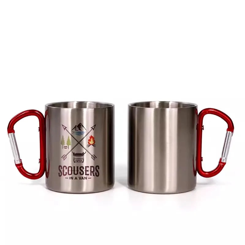 DIY Carabiner Cup with Cap Cover Lid Option 300ML Customized Logo Photo Stainless Steel Mug Hiker Outdoor Camp Travel Portable