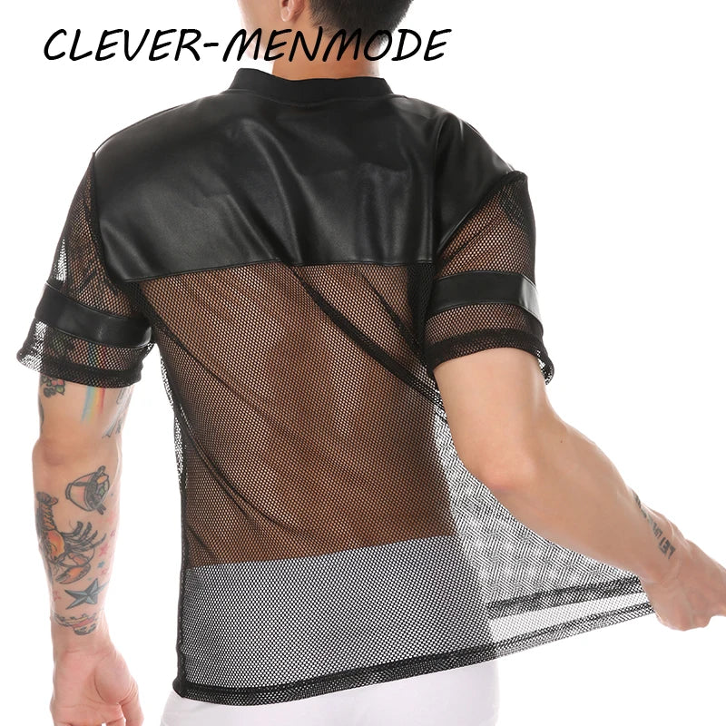 Men's Sexy Faux Leather Fishnet Short Sleeve Cutout PU T Sleeve Breathable V-Neck Short Sleeve Basketball Jersey Sportswear