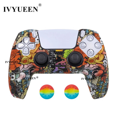 Water Transfer Printing Protective Silicone Case for Sony Playstation 5 PS5 Controller Rubber Cover Joysticks Thumb Grips Caps