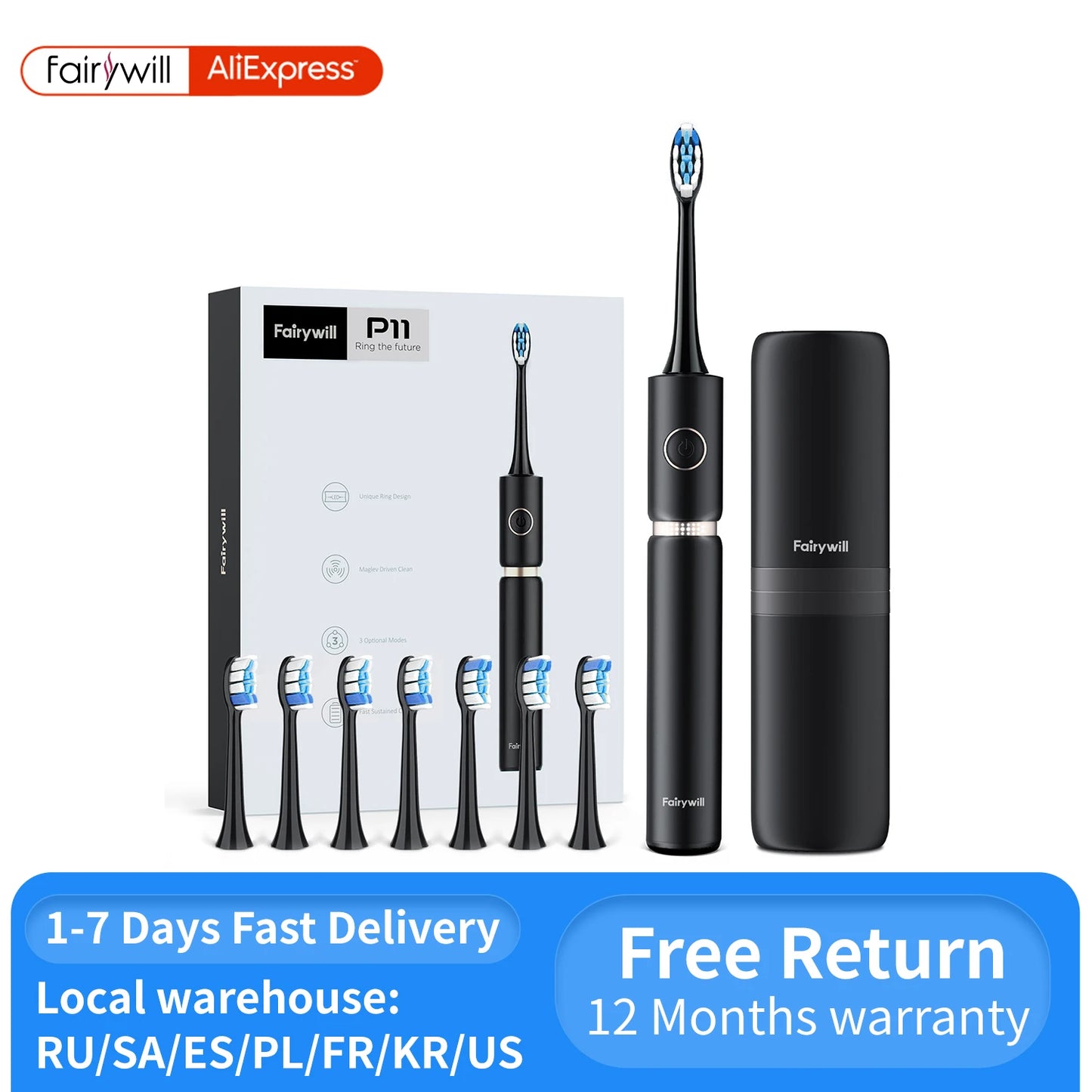 Fairywill P11 Sonic Whitening Electric Toothbrush Rechargeable USB Charger Ultra Powerful Waterproof 4 Heads and 1 Travel Case