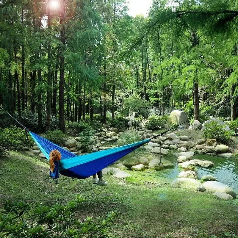 Single Person Portable Outdoor Camping Hammock With Nylon Color Matching Hammock High Strength Parachute Fabric Hanging Bed