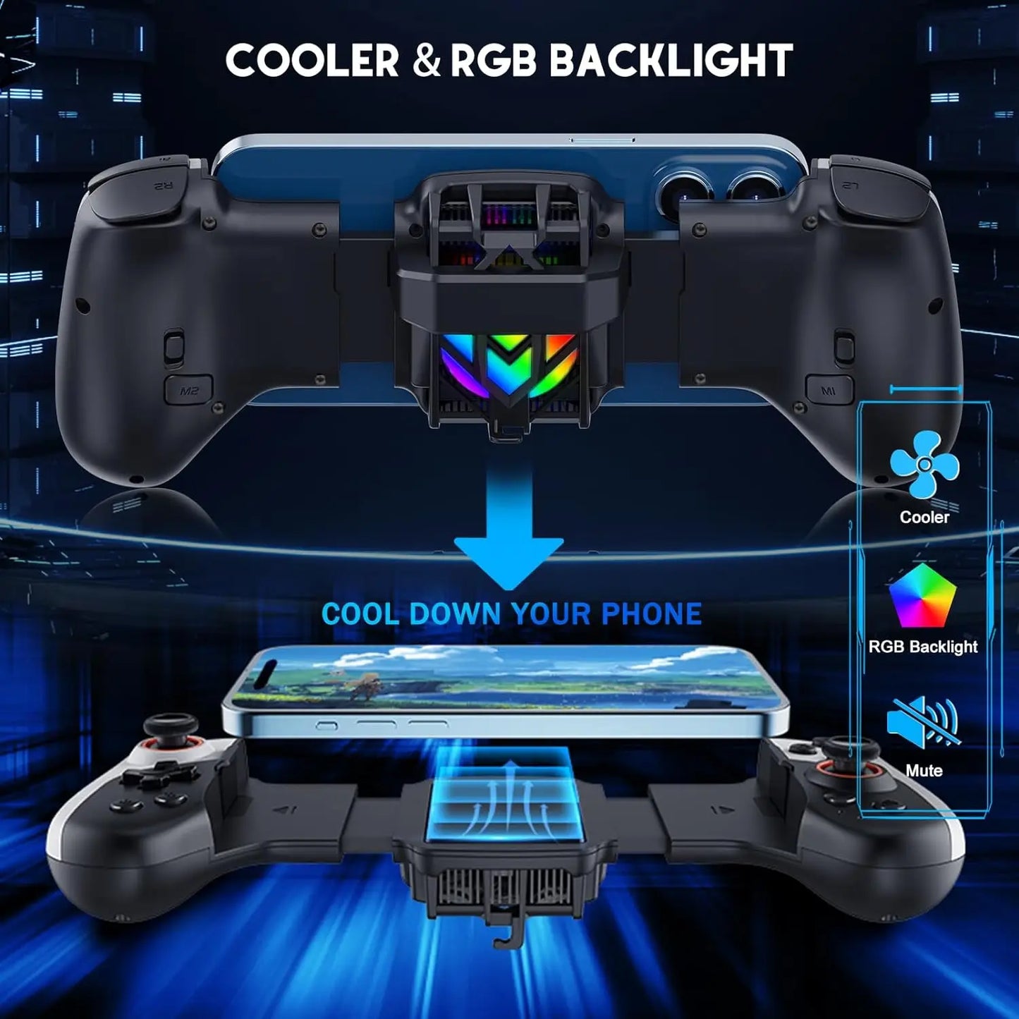 Mobile Gaming Controller with RGB Cooler for iPhone/Android/PC/Switch/Apple Arcade MFi Games with Customized Keys TURBO