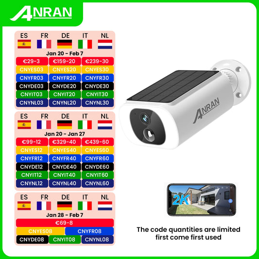 ANRAN Outdoor Solar Security Camera with Battery 3MP 2.4G WIFI Camera Battery Cloud Storage Color Night Vision Can't Add NVR