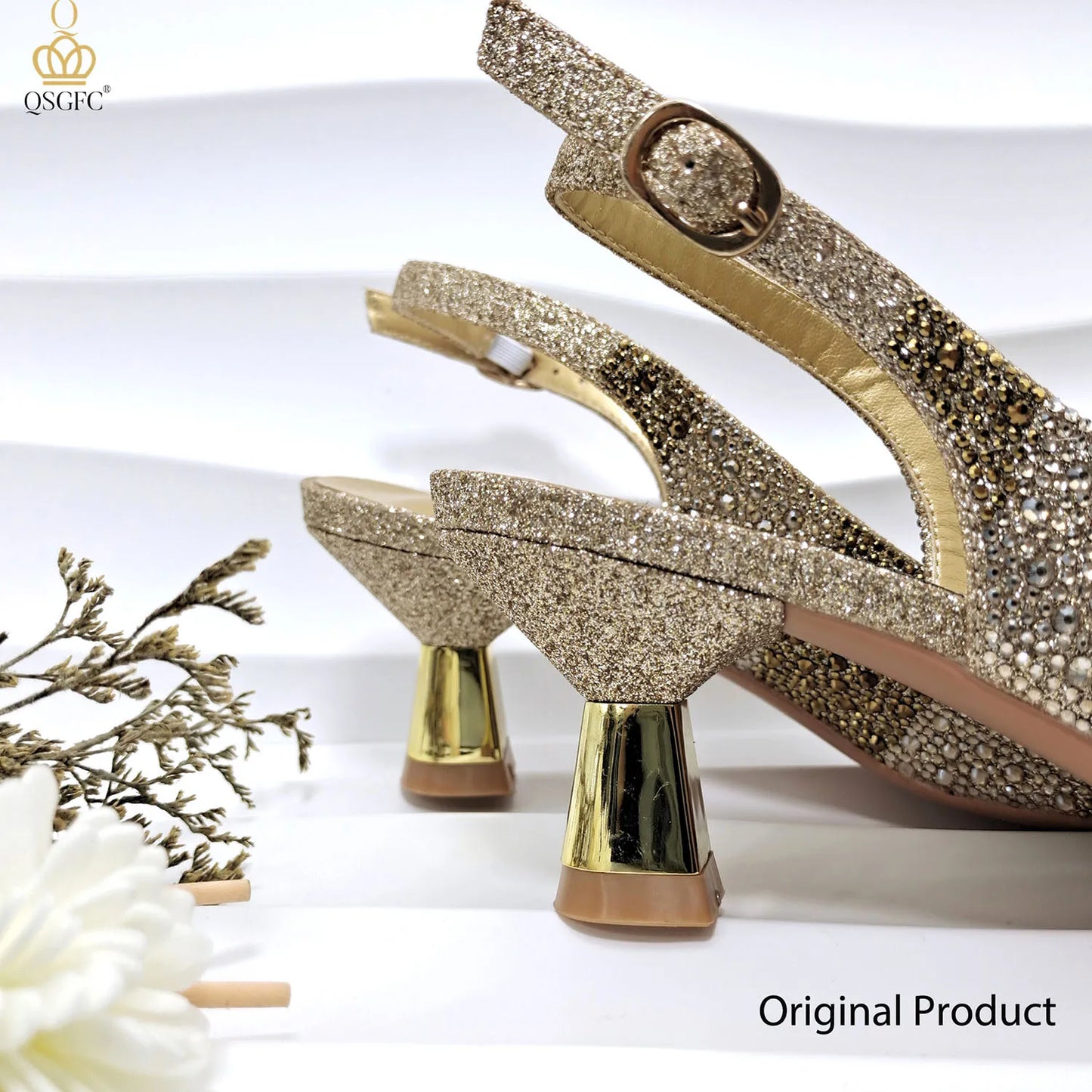 QSGFC INS 2024 Gold Color Elegant Women Heels Shoes and Bag Set Hollow Rhinestones  High Heels Wedges Shoes Matching Bag