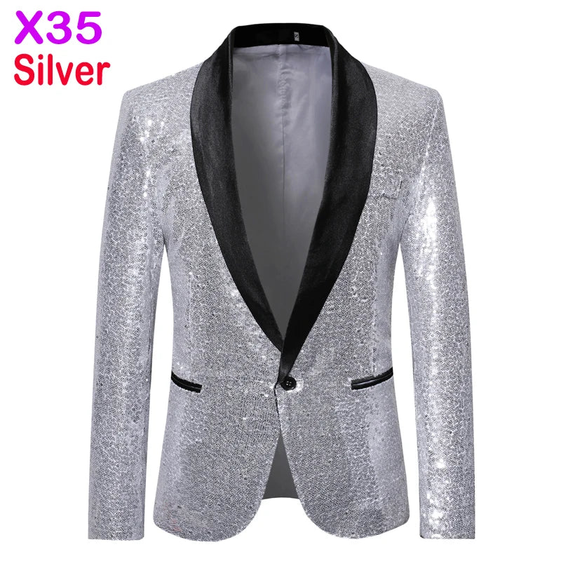 Black Sequin One Button Shawl Collar Suit Jacket Men Bling Glitter Nightclub Prom DJ Blazer Jacket Men Stage Clothes for Singers